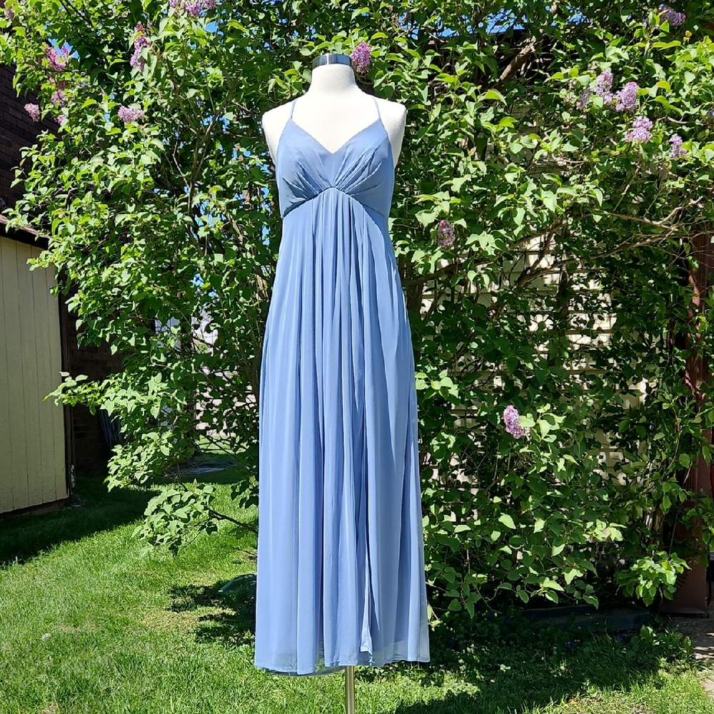 Azazie Dusty-Blue Babydoll‎ Halter Neck Maxi Dress Mesh Size A6